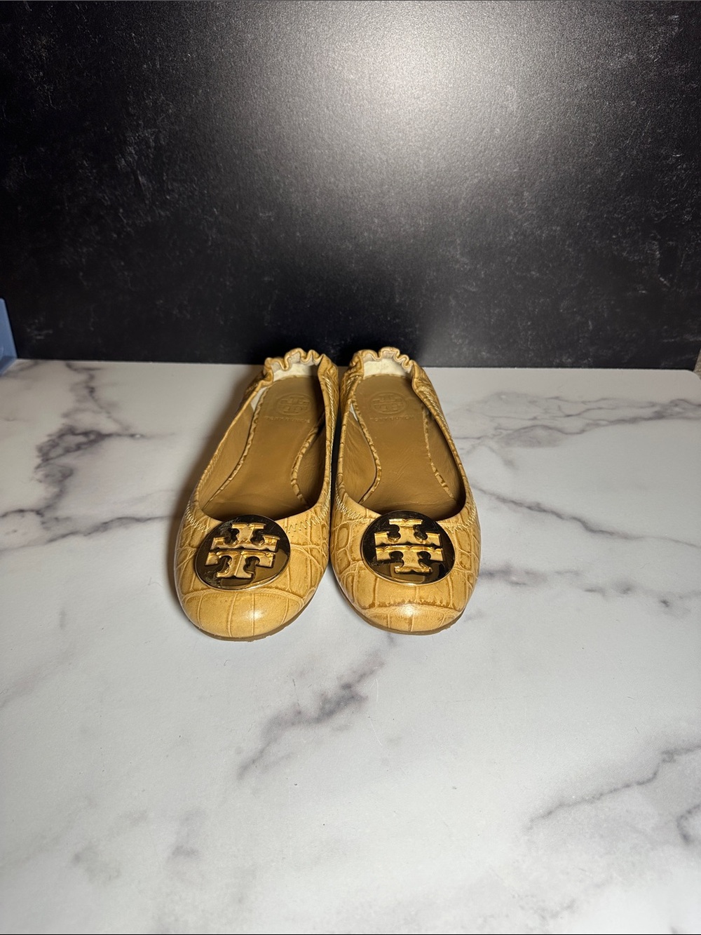 Tory Burch Tan Croc-Embossed Reva Ballet Flats with Gold Logo
